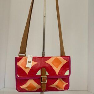 Fossil Keyper Flap Crossbody Bag in Pink Orange Geo Print Coated Canvas (As Is)